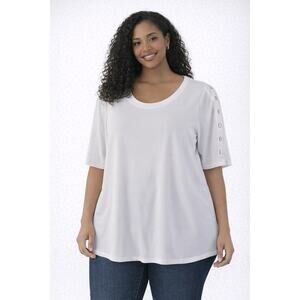 Susan Graver White Short Sleeve Blouse Button Detail Sleeves Size 1XP NWOT